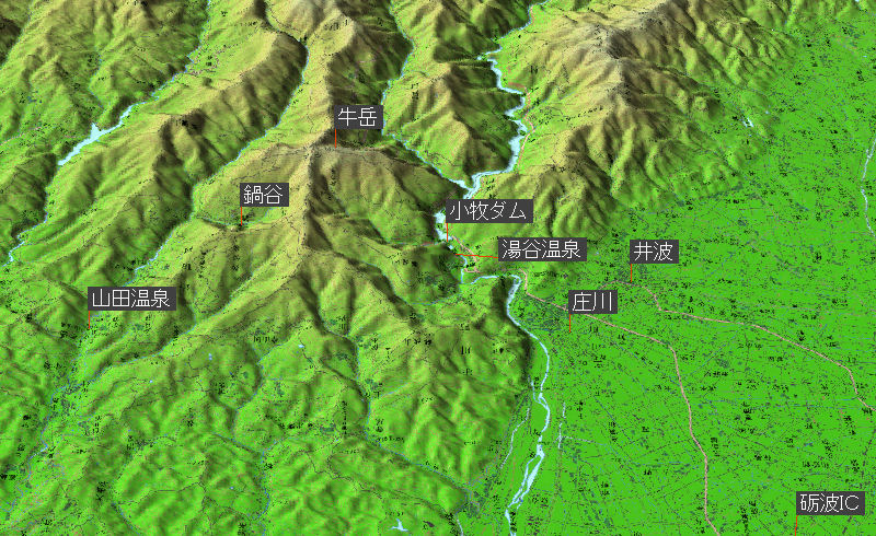 牛岳登山−牛岳近辺の鳥瞰図
